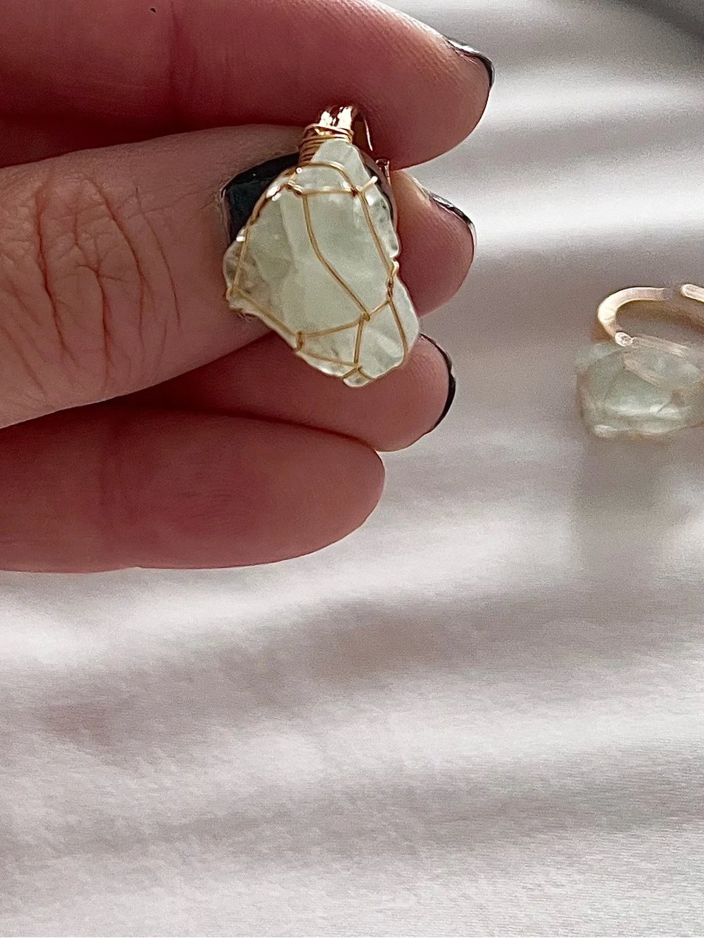 GREEN CALCITE raw cut wire wrapped natural stone adjustable gold tone ring NEW